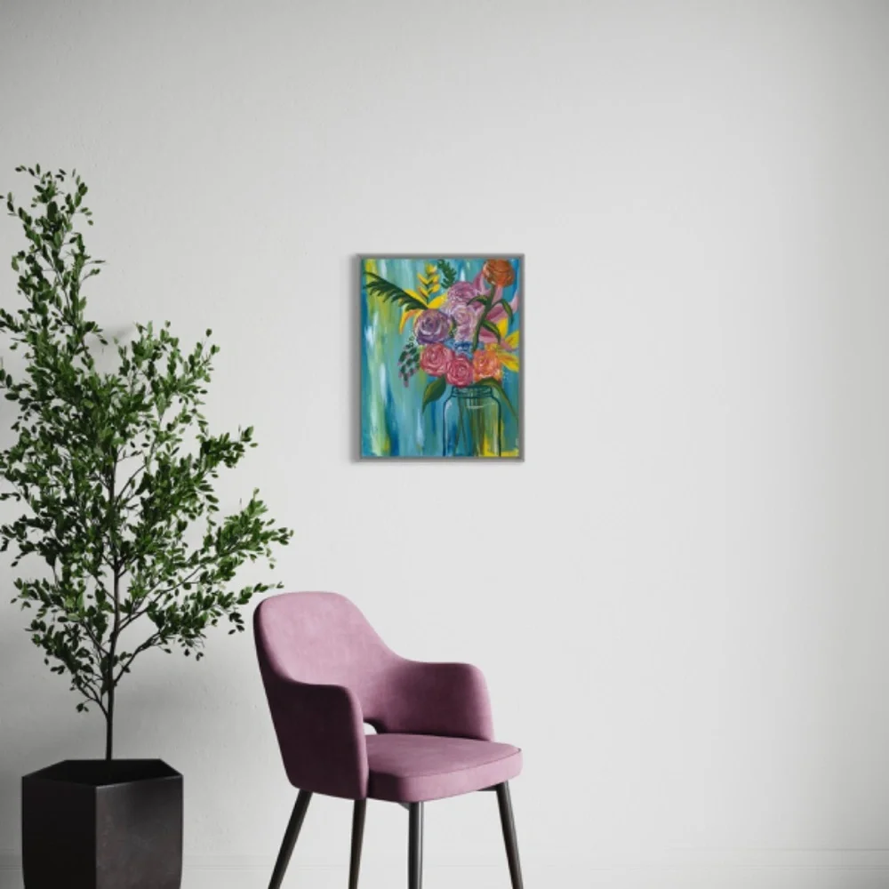 Eye in Flowers Hand-painted Unique Original Floral Art Picture Acrylic on Canvas